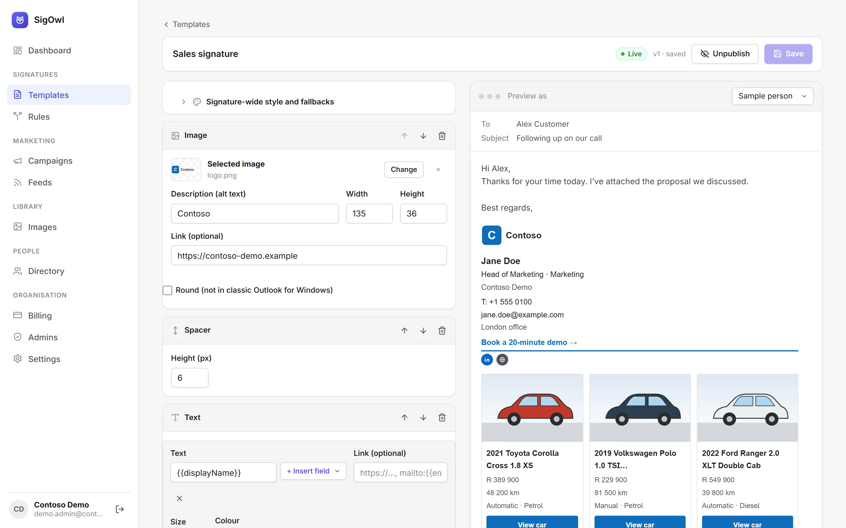 The SigOwl template editor: signature blocks on the left, a live preview on the right with the person’s details and three stock cards under the signature.