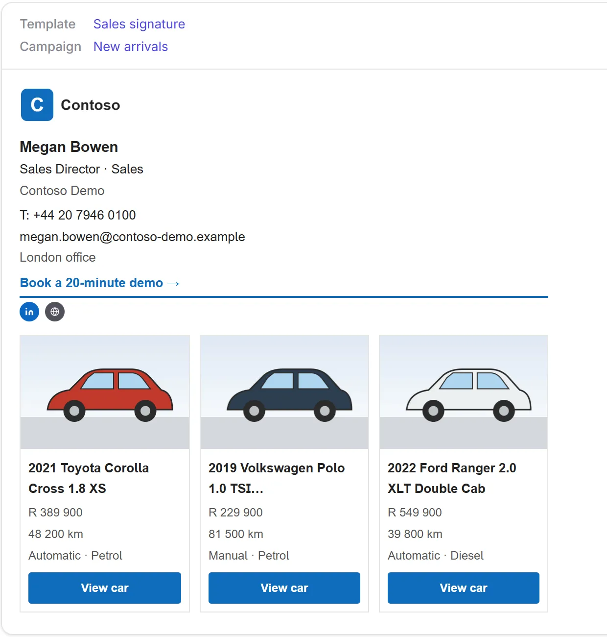 A person’s signature preview: logo, name, title, contact details and three car listing cards with prices.